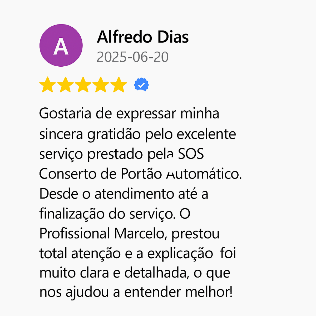 Avaliação de cliente SOS Conserto de Portões
