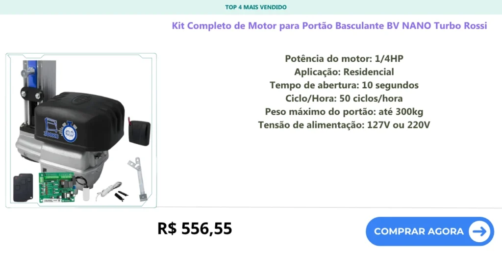 Kit Completo de Motor para Portão Basculante BV NANO Turbo Rossi