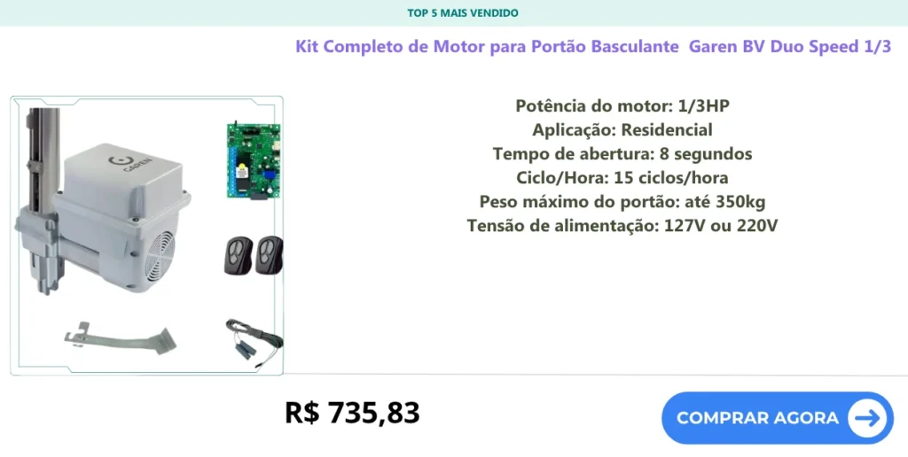 Kit Completo de Motor para Portão Basculante Garen BV Duo Speed 13